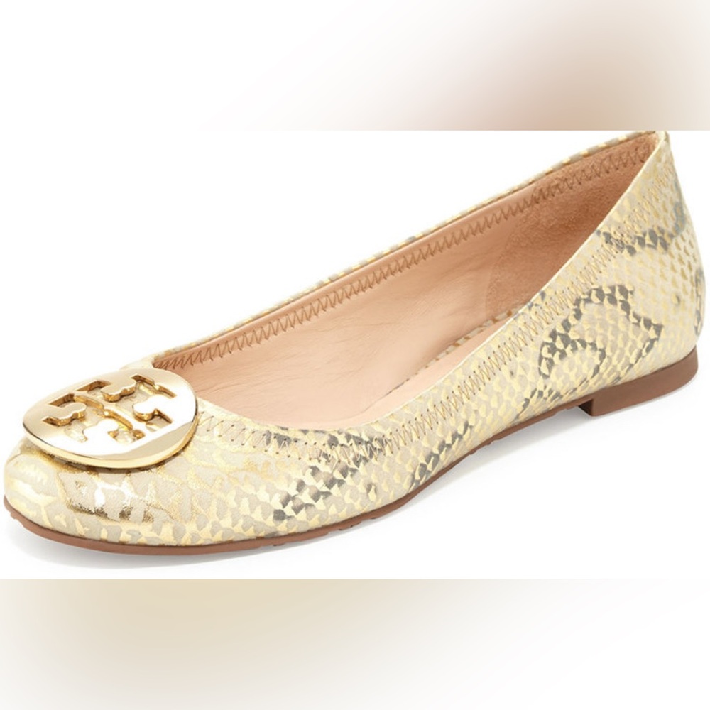 Tory Burch Reva Metallic Gold Snakeskin Print Leather Ballerina Flats Size 5